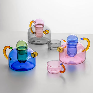 Color-Block Glass Teapot & Tea Cup Set