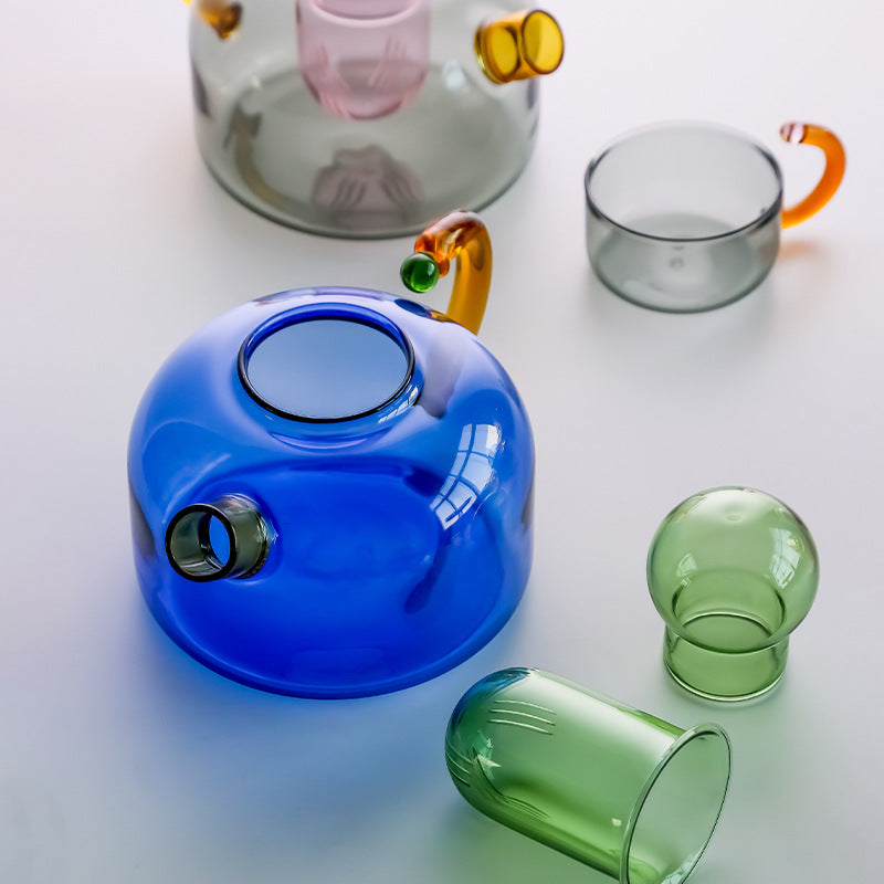 Color-Block Glass Teapot & Tea Cup Set