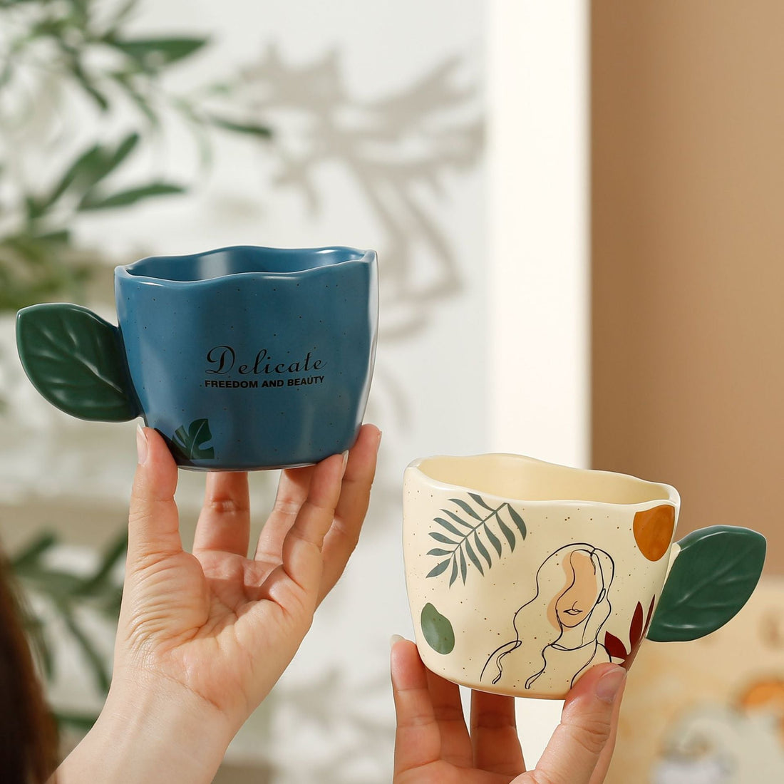 Hand-Painted Ceramic Mug with Sculpted Leaf Handle & Artistic Face Design
